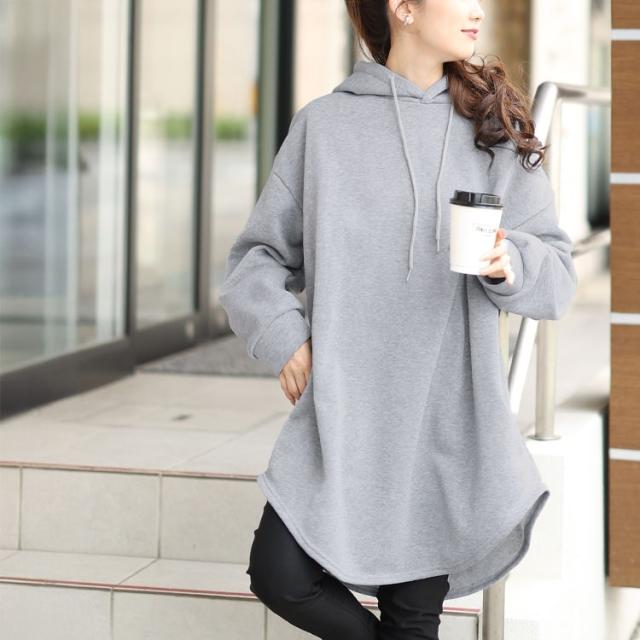 裏起毛ラウンドヘムチュニックパーカー