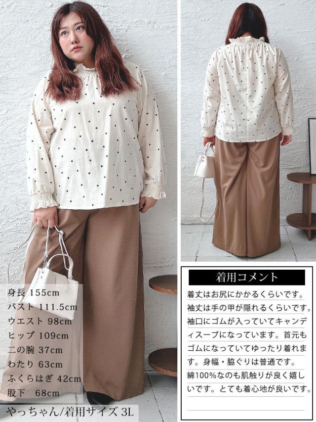 襟袖シャーリングドット柄コットンブラウス