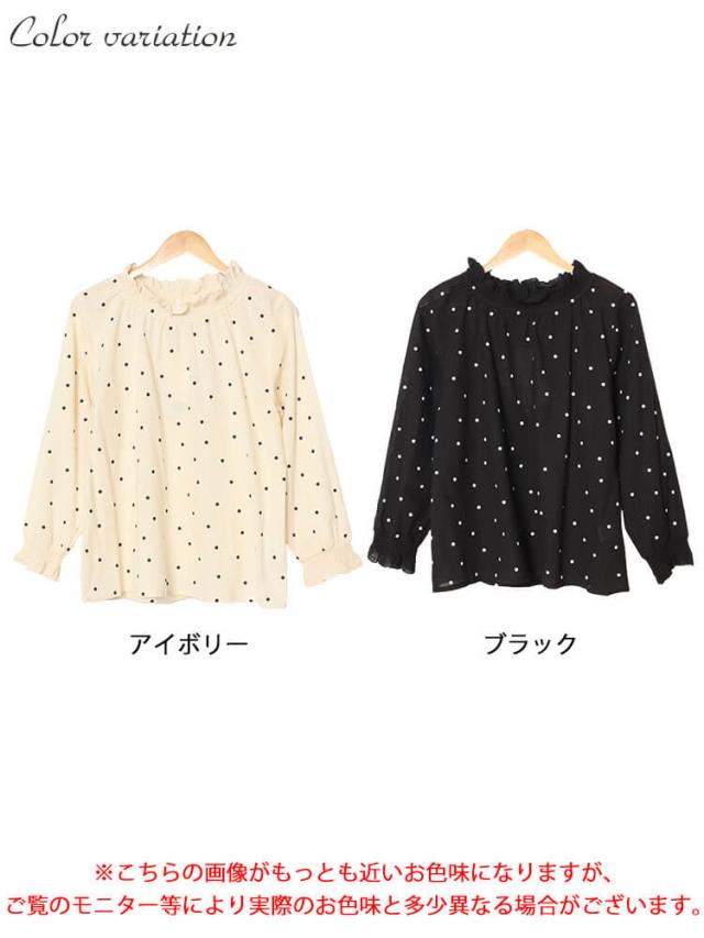 襟袖シャーリングドット柄コットンブラウス