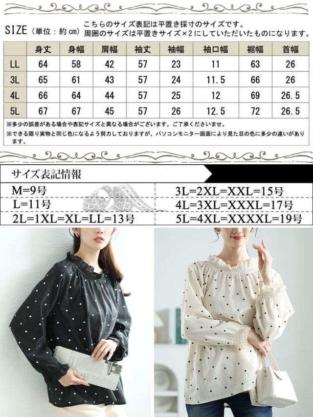 襟袖シャーリングドット柄コットンブラウス