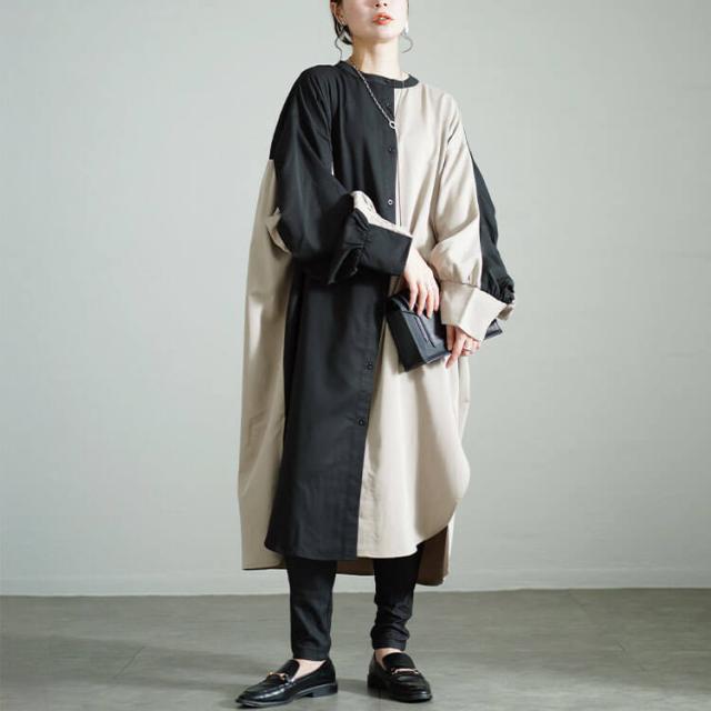 バイカラーギャザー切り替えロングシャツ