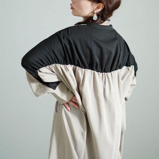 バイカラーギャザー切り替えロングシャツ