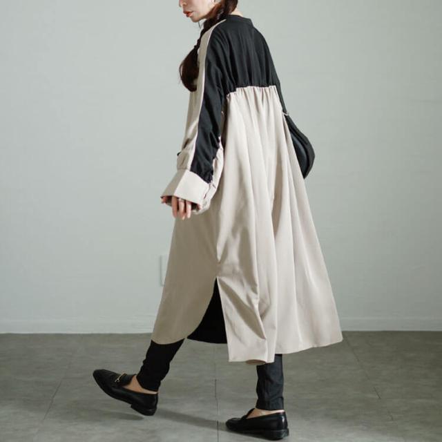 バイカラーギャザー切り替えロングシャツ