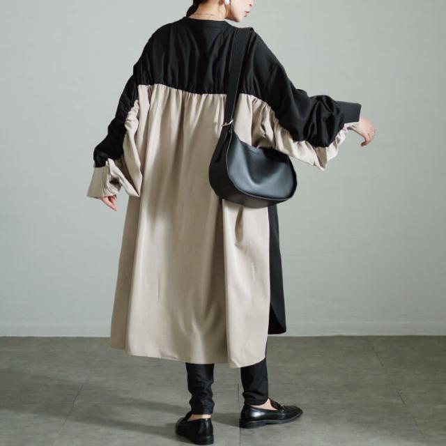 バイカラーギャザー切り替えロングシャツ