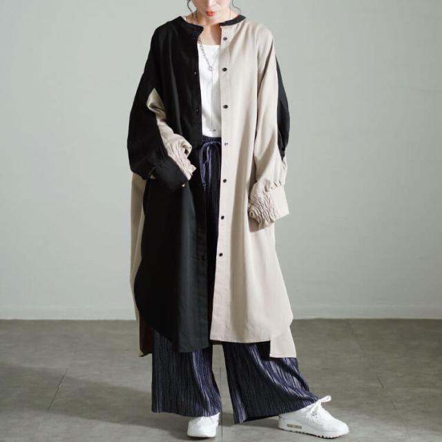 バイカラーギャザー切り替えロングシャツ