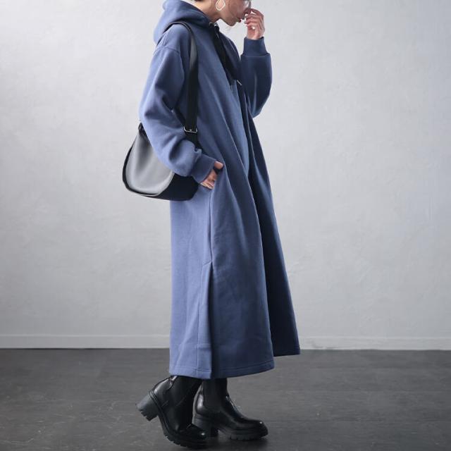 裏起毛サイドスリットフード付きワンピース