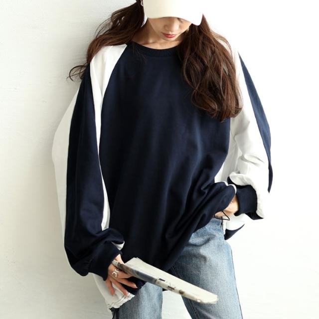 裾ドロスト配色ラグランプルオーバー