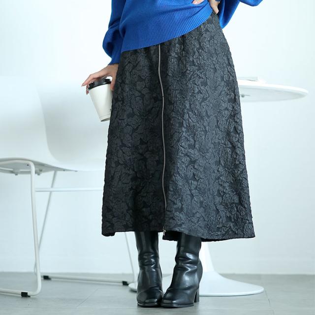 フロントジップふくれジャガードスカート