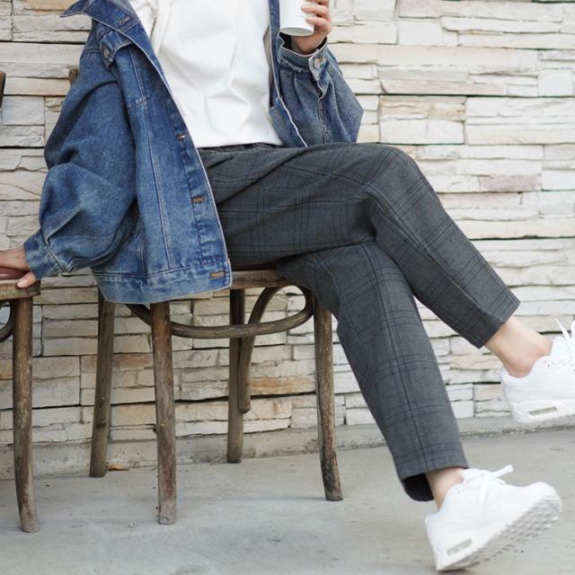 チェック柄メルティストレッチ微起毛テーパードパンツ