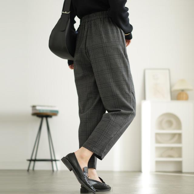 チェック柄メルティストレッチ微起毛テーパードパンツ