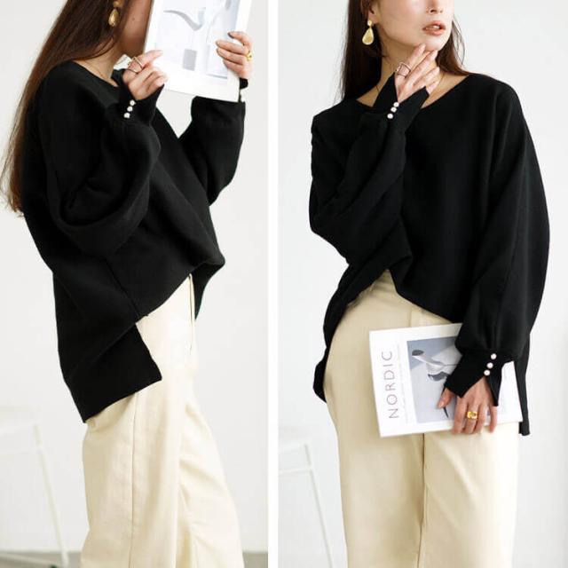 パールボタンミラノリブドルマンニット