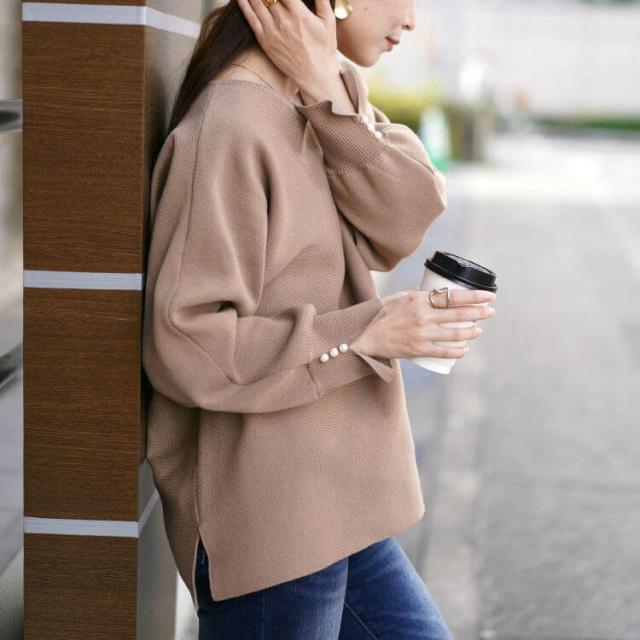 パールボタンミラノリブドルマンニット