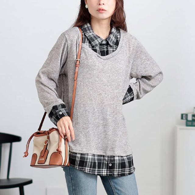 チェックシャツフェイクレイヤードプルオーバー