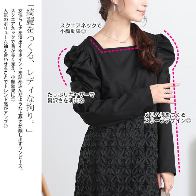 刺繍チュール切り替えパワショルワンピース