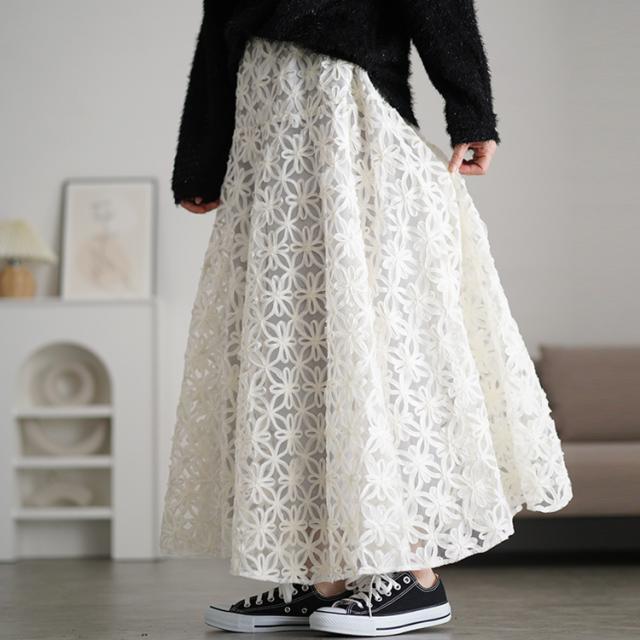 リボン刺繍チュールフレアスカート