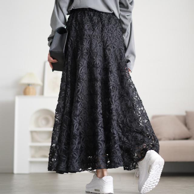 リボン刺繍チュールフレアスカート