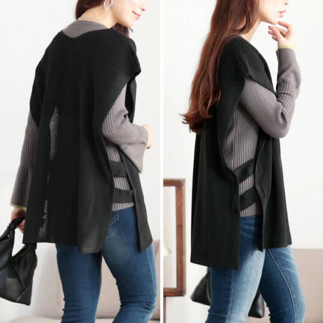 サイドベルト編み地切り替えニットベスト