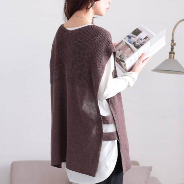 サイドベルト編み地切り替えニットベスト