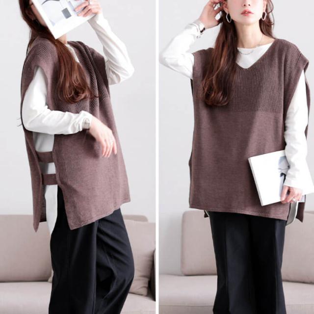 サイドベルト編み地切り替えニットベスト