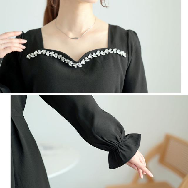 ビジュー付きハートネックロングワンピース