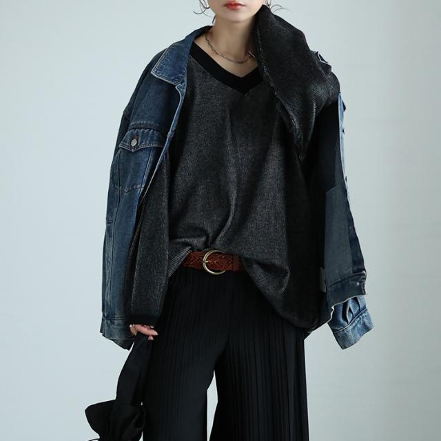 ツートンリブVネックプルオーバー