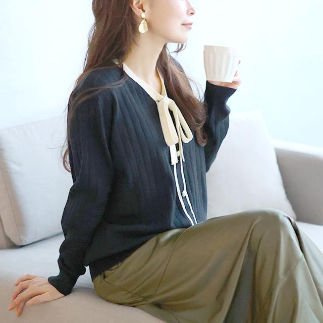 リボンタイバイカラーリブニット