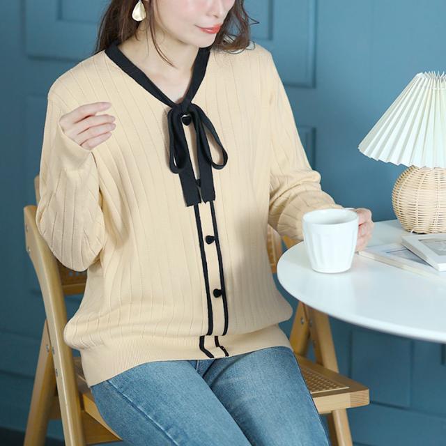 リボンタイバイカラーリブニット