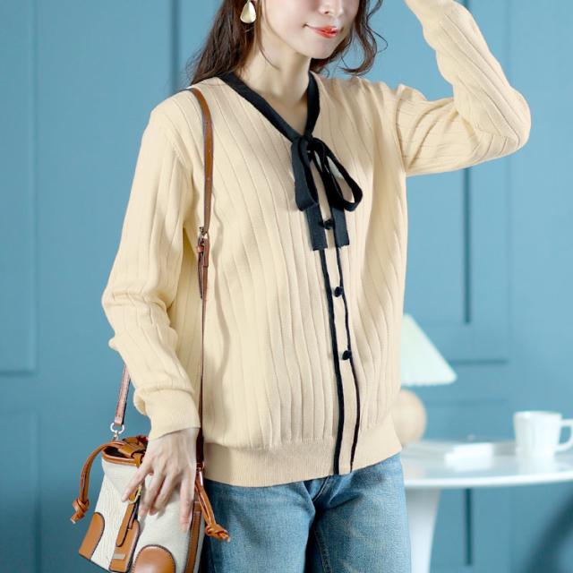 リボンタイバイカラーリブニット