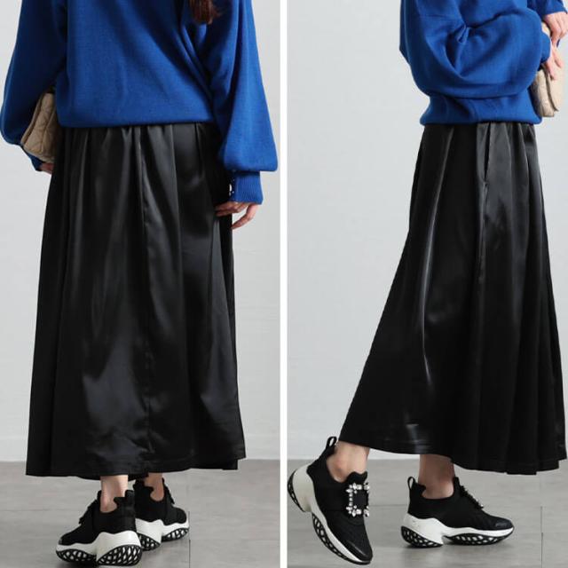 ストレッチサテンタックフレアスカート