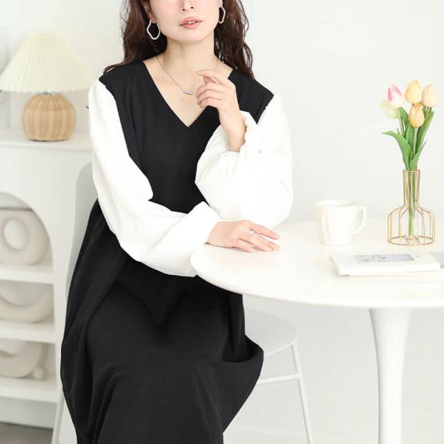 フェイクレイヤードフレアワンピース