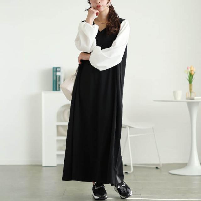 フェイクレイヤードフレアワンピース