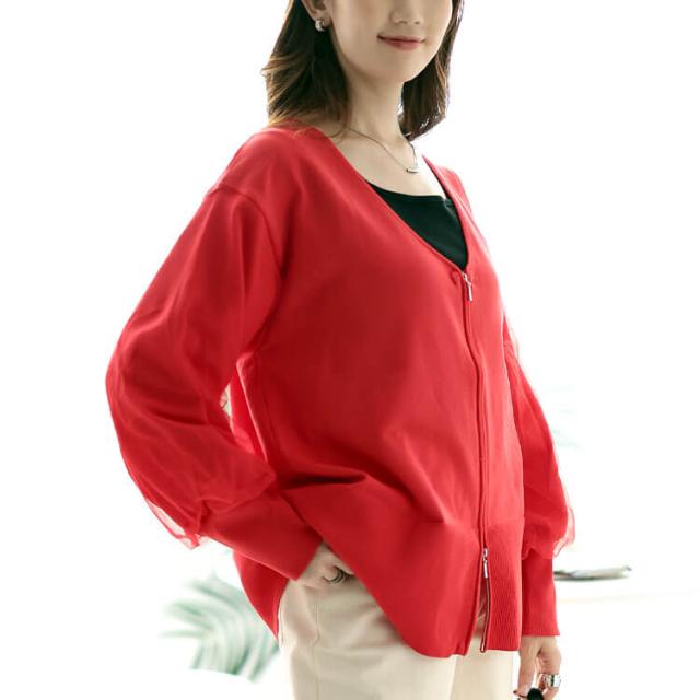 袖チュールレイヤードニットZIPカーデ