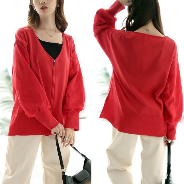 袖チュールレイヤードニットZIPカーデ