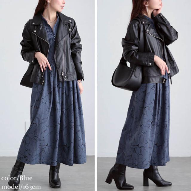 ウエスト切り替えピンタック花柄ワンピース