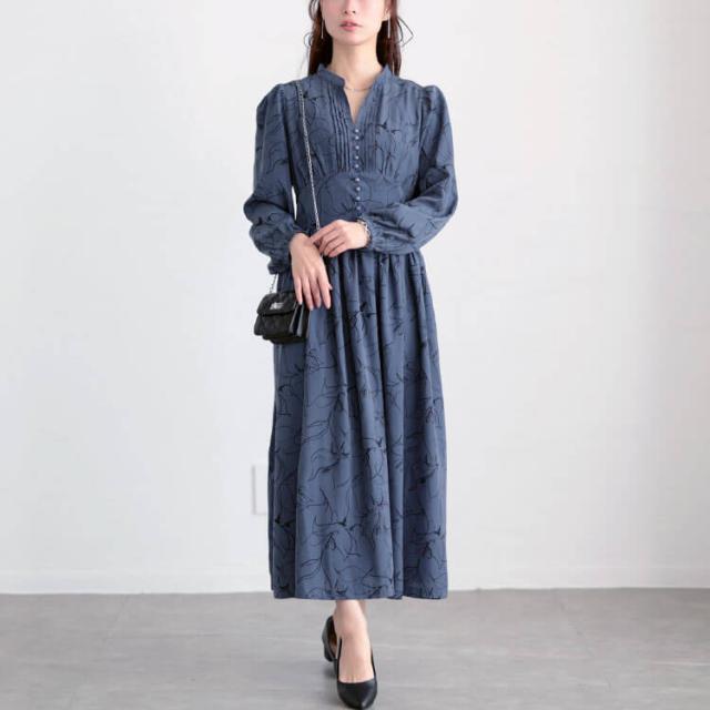 ウエスト切り替えピンタック花柄ワンピース