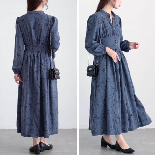 ウエスト切り替えピンタック花柄ワンピース