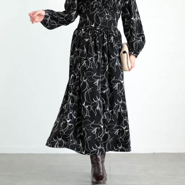 ウエスト切り替えピンタック花柄ワンピース