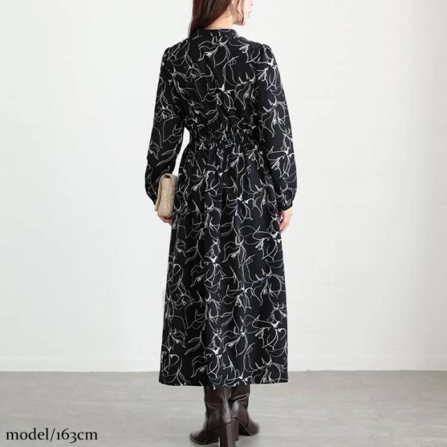 ウエスト切り替えピンタック花柄ワンピース