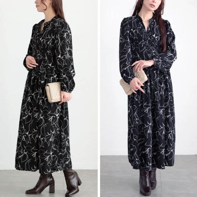 ウエスト切り替えピンタック花柄ワンピース