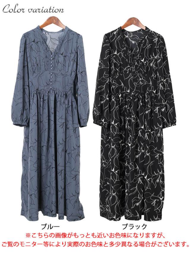 ウエスト切り替えピンタック花柄ワンピース