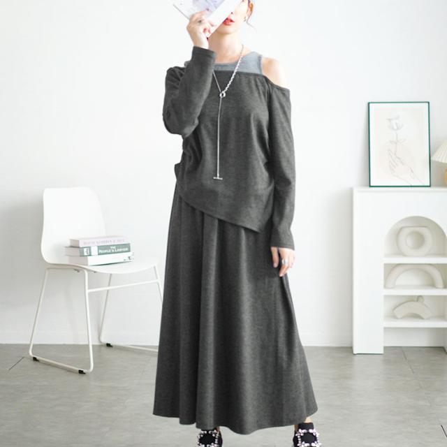 重ね着風オフショルトップス＆ロングスカートセット