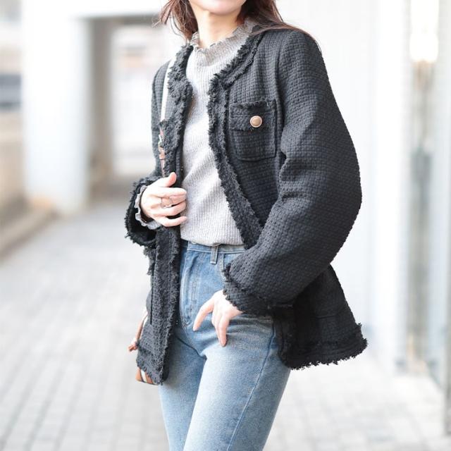 ノーカラーツイードジャケット