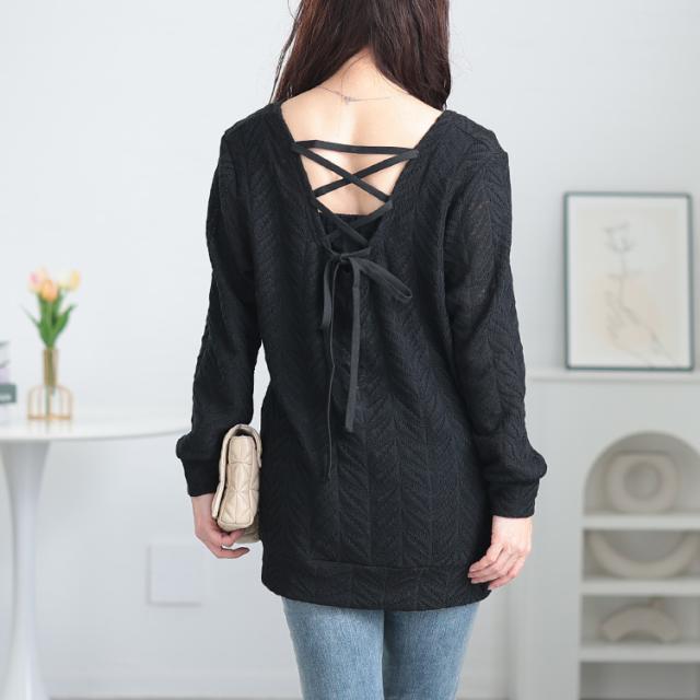 後ろレースアップヘリンボーン柄プルオーバー