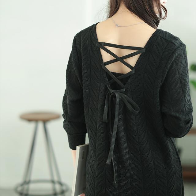 後ろレースアップヘリンボーン柄プルオーバー