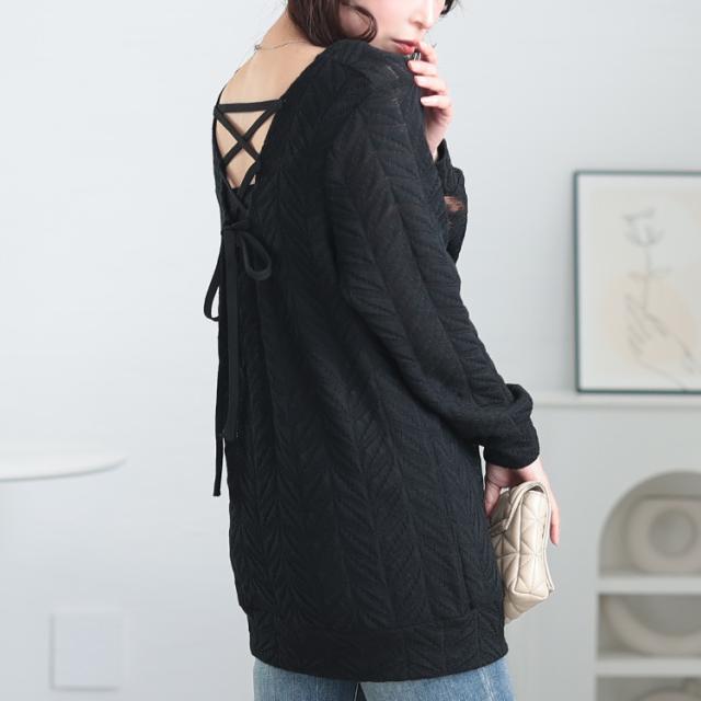 後ろレースアップヘリンボーン柄プルオーバー