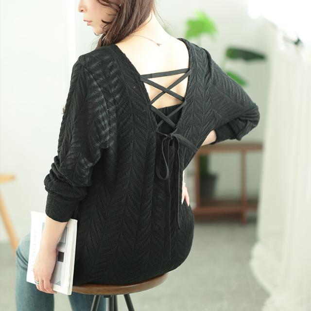 後ろレースアップヘリンボーン柄プルオーバー