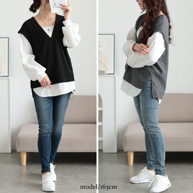 深Vネックフェイクベストプルオーバー