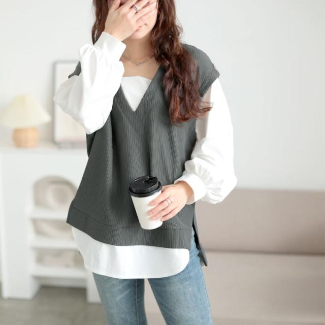 深Vネックフェイクベストプルオーバー