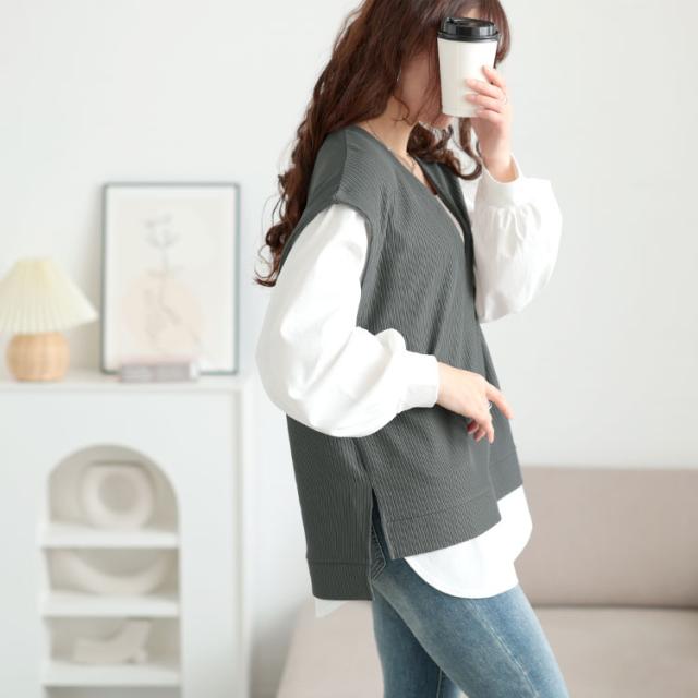 深Vネックフェイクベストプルオーバー