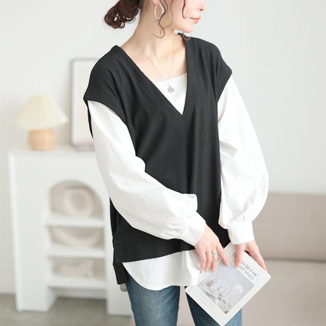 深Vネックフェイクベストプルオーバー